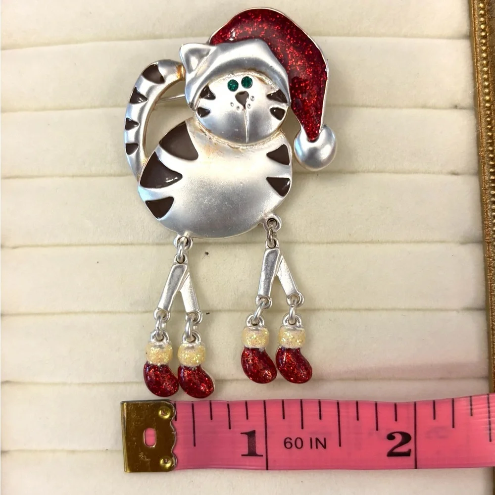 Green Eyed Christmas Cat Brooch Pin‎ Articulated Red Cap Mittens Sparkle Enamel